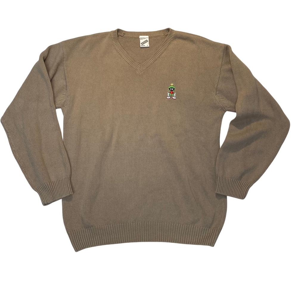 Vintage Warner Bros Studio Store Marvin the Martian V-Neck Sweater Tan Mens L